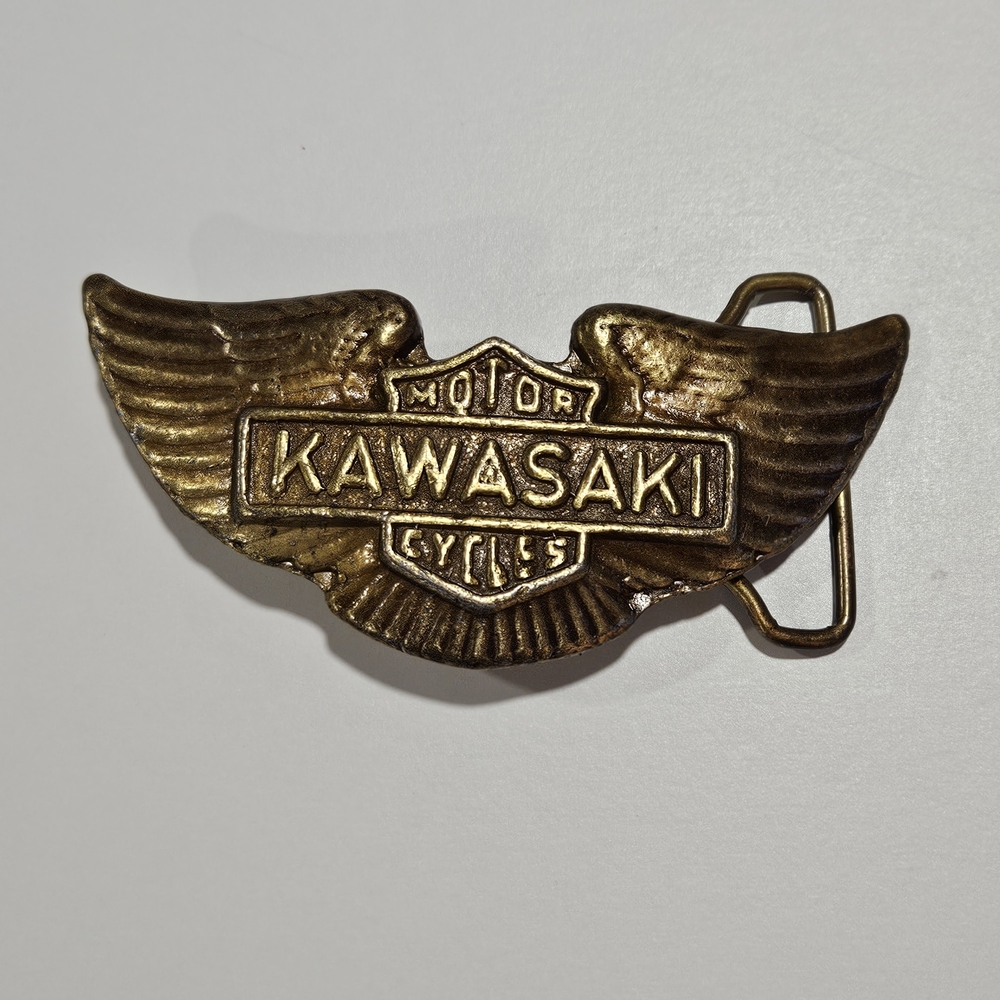 Vintage 1970s Kawasaki Motorcycles Brass Belt Buckle Wings Logo Design